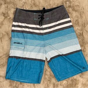 O'Neill Men’s Teal Blue Gray Striped Boardshorts size 29